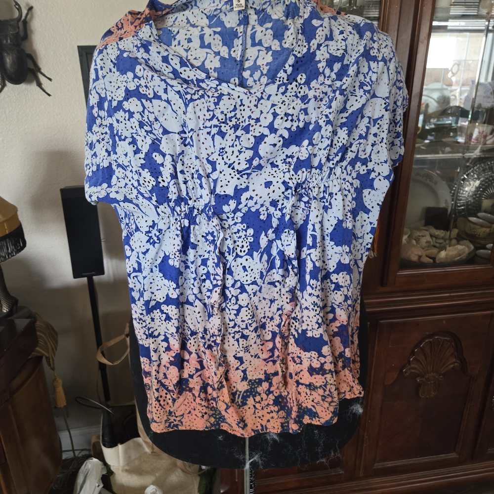 CAbi Blue and Pink Floral Blouse